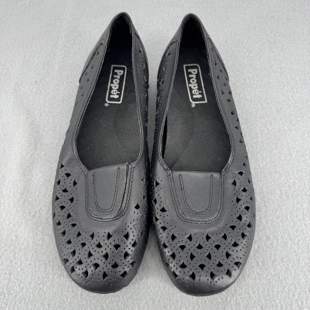 Propet Shoes Womens‎ Size 9 Black Leather Cutout Flats Comfort Walking WCX084L